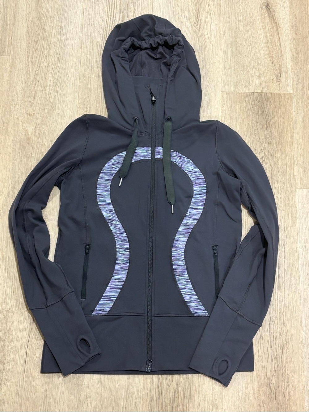 lululemon athletica Black Hooded Zip Bomber Jacket with Purple-Blue Logo